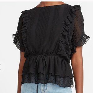 NWT Express Clip Dot Ruffle Peplum Tie Waist Black XS/S Flowy Feminine Blouse